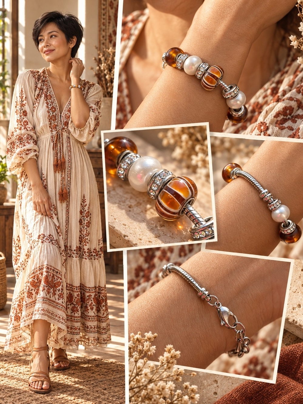 Women's Amber Pearl Charm Bracelet - Elegant Beaded Bracelet